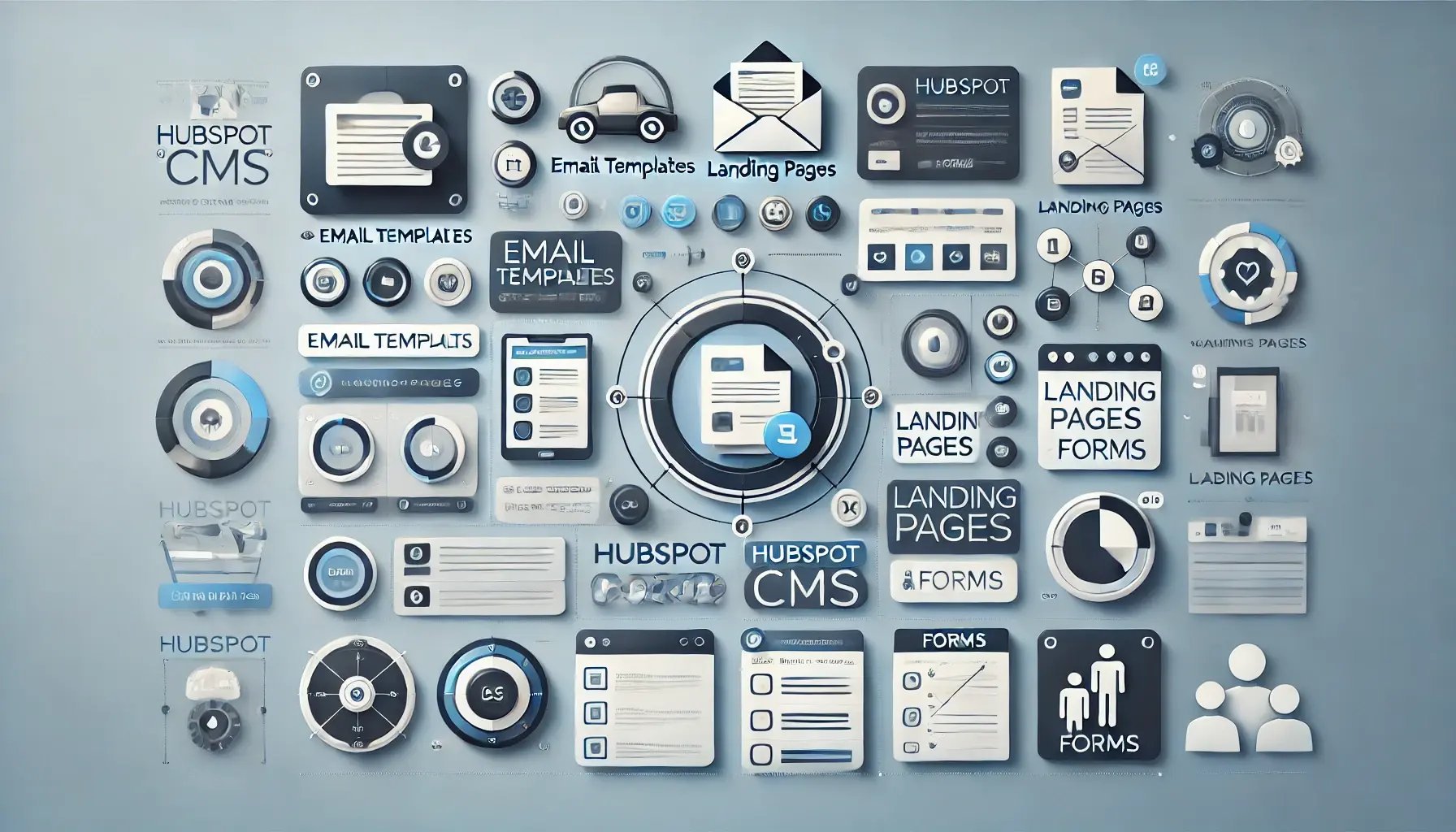 DALL·E 2024-12-05 16.57.23 - A professional infographic-style image focusing on designs for HubSpot CMS tasks. The layout includes visually distinct sections for tasks such as Ema